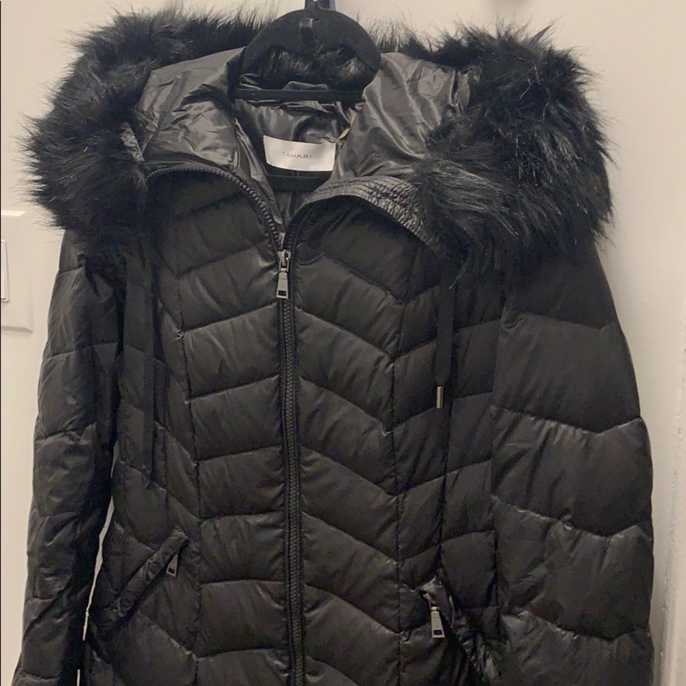 Down, faux fur, long black parka. Barely worn.